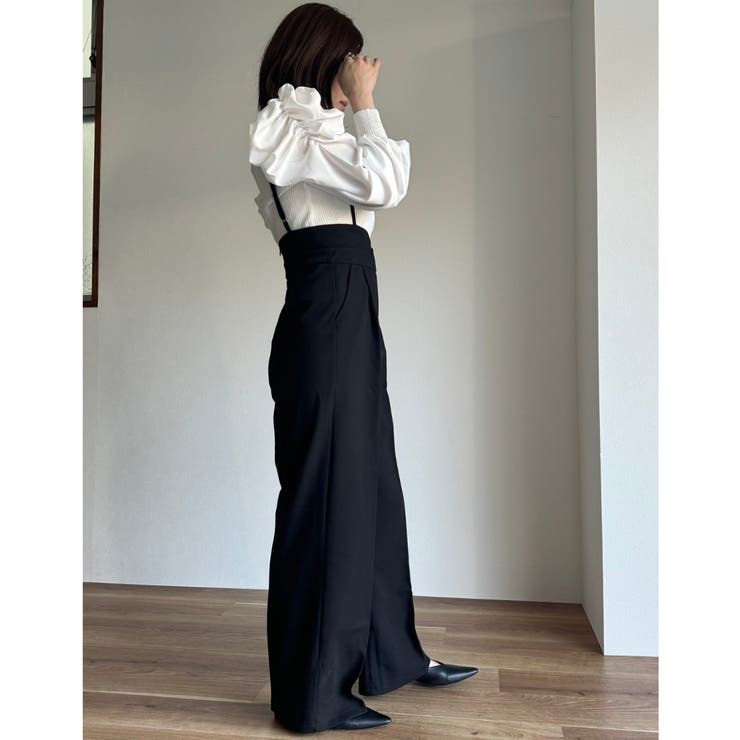 可愛い肩紐✨　プレージュ　サロペット　オールインワン　ワイドパンツ　細見え　美品 セール】肩ひもリボン付き サロペットワイドパンツ