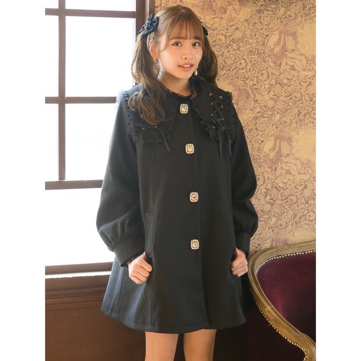 ルールロジェット Aライン ロングコート カシミヤ 丸襟 ビジュー ピンク １ ROPE' ステンカラーコート コート プレミアムカシミヤ ロング