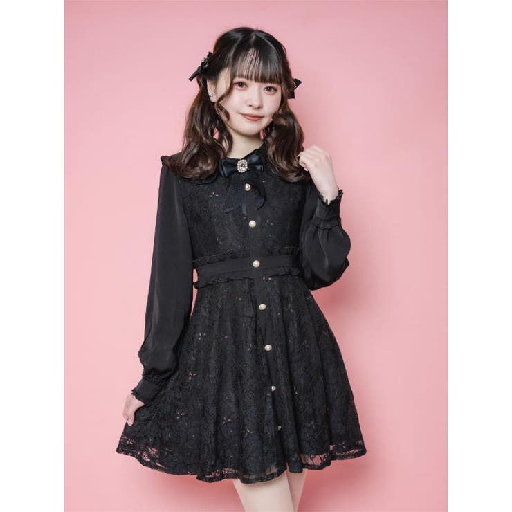 ビジュブローチ付き総レースワンピース[品番：RJTW0000932