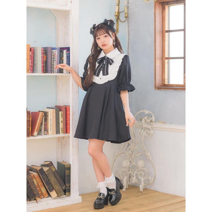 kiitos|オリジナル レディース リボンワンピース & カンカンスカート ロゴリボンヨーク切替配色ワンピース[品番:RJTW0001021