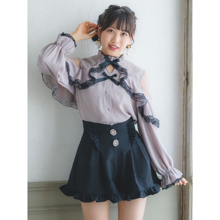 2wayリボンシアーラッフルブラウス＆レース切替キャミパンツドレス SET セール】【BONLECILL noir】2wayリボンシアーラッフルブラウス
