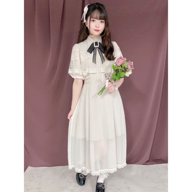 A210着物リメイク ロングワンピース&ケープ★リボン・ブローチ ROJITA ワンピース リボンブローチ付きケープワンピース