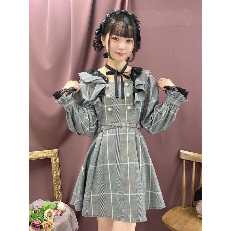 新品　カタログ掲載　大人気　ワンピース　チェック　リボン　グログランリボンベルト チョーカーリボンクロスベルトワンピース[品番：RJTW0001228