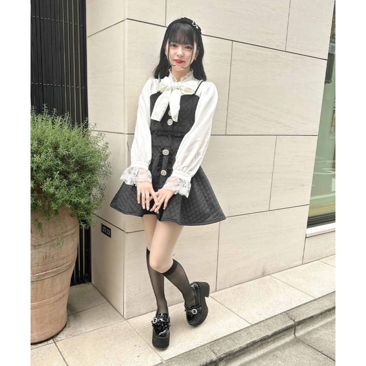 地雷 ロジータ リボン ブラウス ノエミー ベルト スカパン 黒 セットアップ ロジータ ROJITA リボン柄セットアップ （ブラック