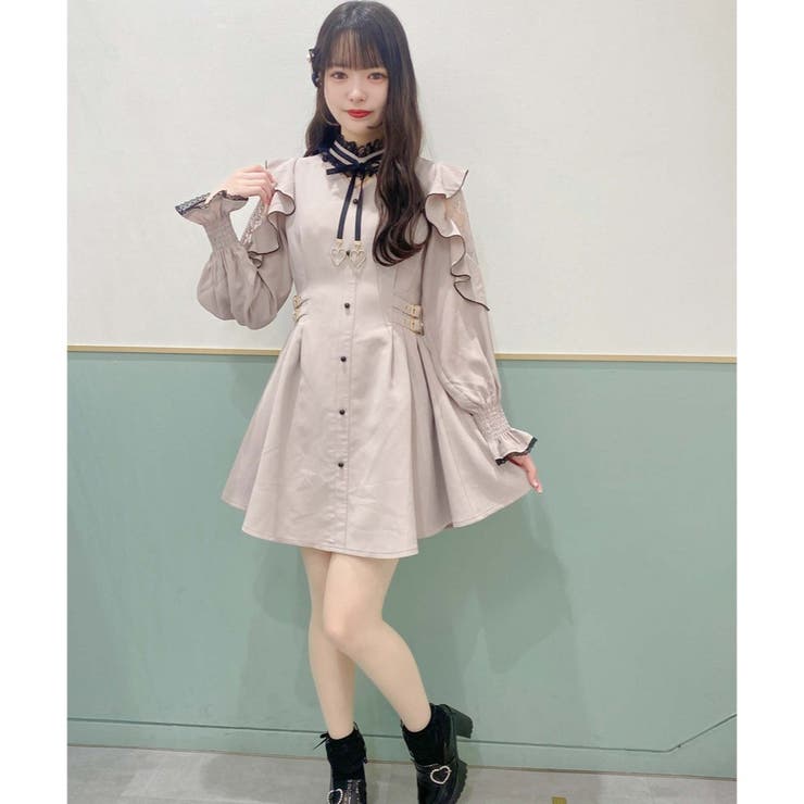 ロジータ/ハートチャーム肩透かしラッフルワンピース/ブラック ロジータ ROJITA ハートチャーム付きレースラッフルワンピース