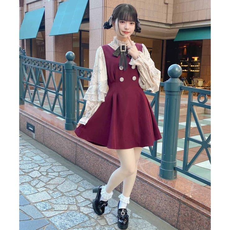 ロジータ ROJITA 配色レーシースタンドカラーワンピース