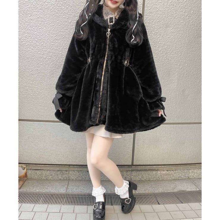 ROPE ロペ コート ウエストベルト付き ラビットファー付き ブラック ウエスト飾りベルトファーコート[品番：RJTW0001436]｜ROJITA