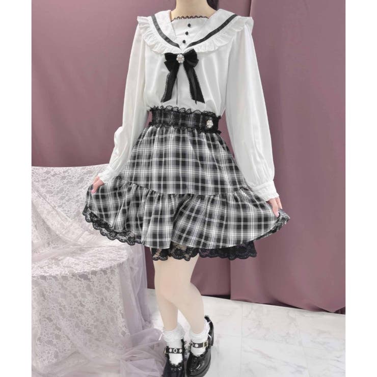 ROJITA♡グレー系チェック フリルタイトスカート ロジータ ROJITA サス付3段フリルスカート （チェック（ブラック