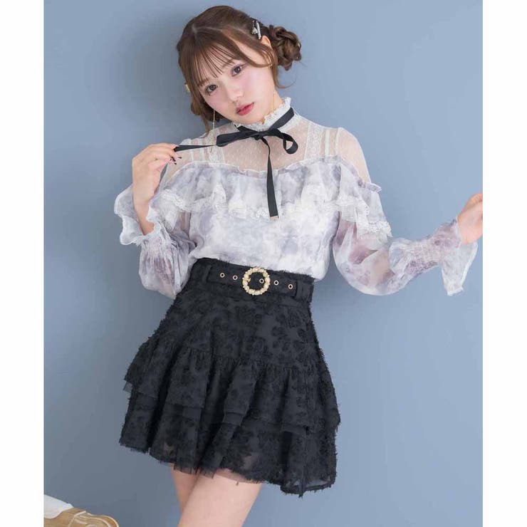 シアー切り替え花柄ラッフルブラウス[品番：RJTW0002061