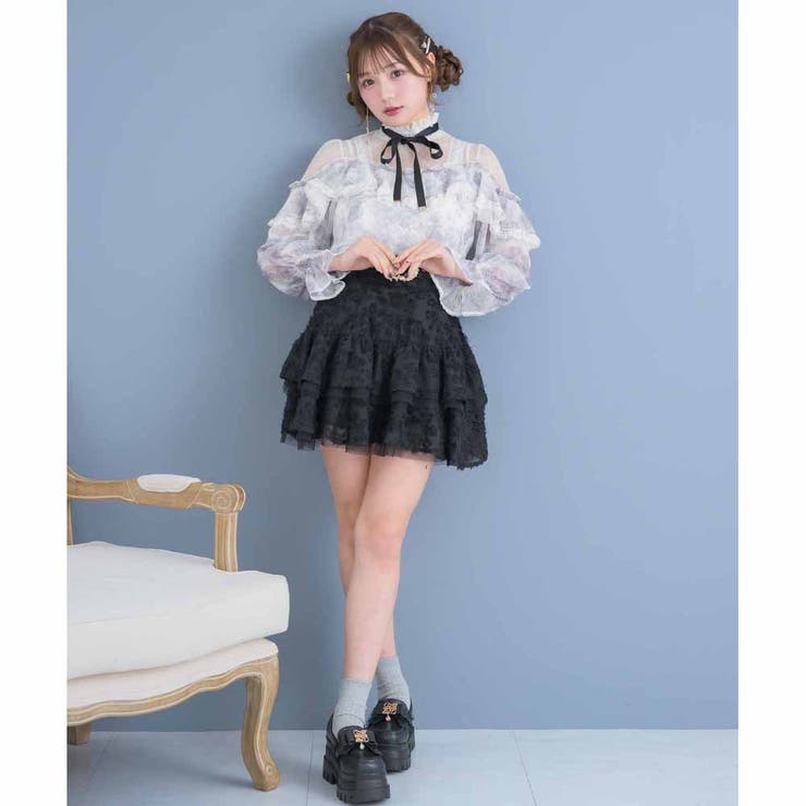 ロジータ　花柄　シフォンキャミソール　シアー　リボン　CUTE　フレア シアー切り替え花柄ラッフルブラウス[品番：RJTW0002061