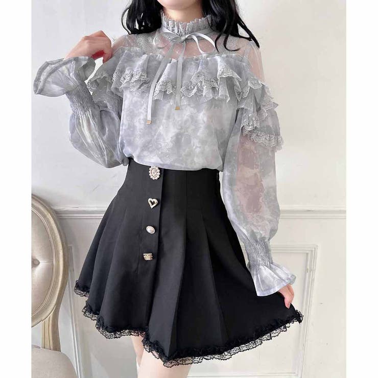 ロジータ　花柄　シフォンキャミソール　シアー　リボン　CUTE　フレア シアー切り替え花柄ラッフルブラウス[品番：RJTW0002061