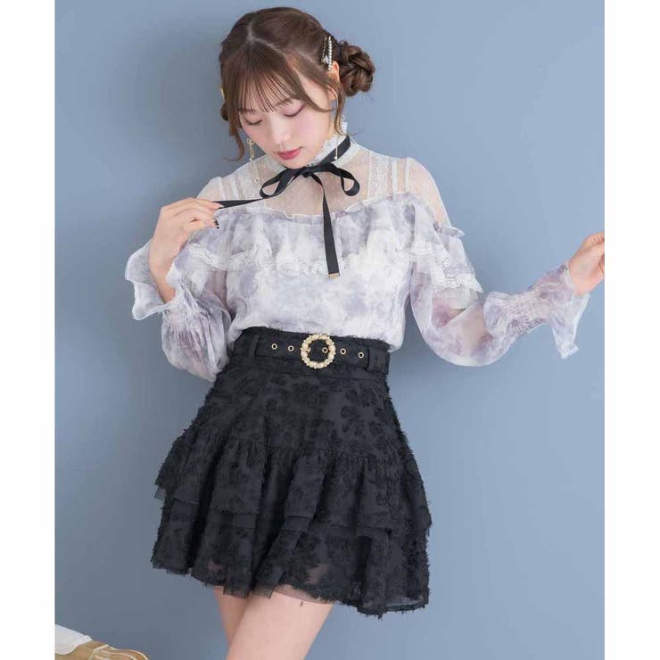 シアー切り替え花柄ラッフルブラウス[品番：RJTW0002061