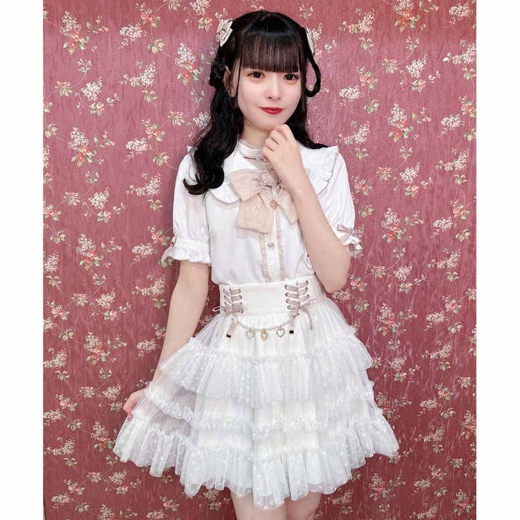 地雷 ロジータ ブラウス フリル リボン ブローチ スカパン セットアップ ❤︎ ロジータ ROJITA パールチェーンリボンブローチ付ブラウス
