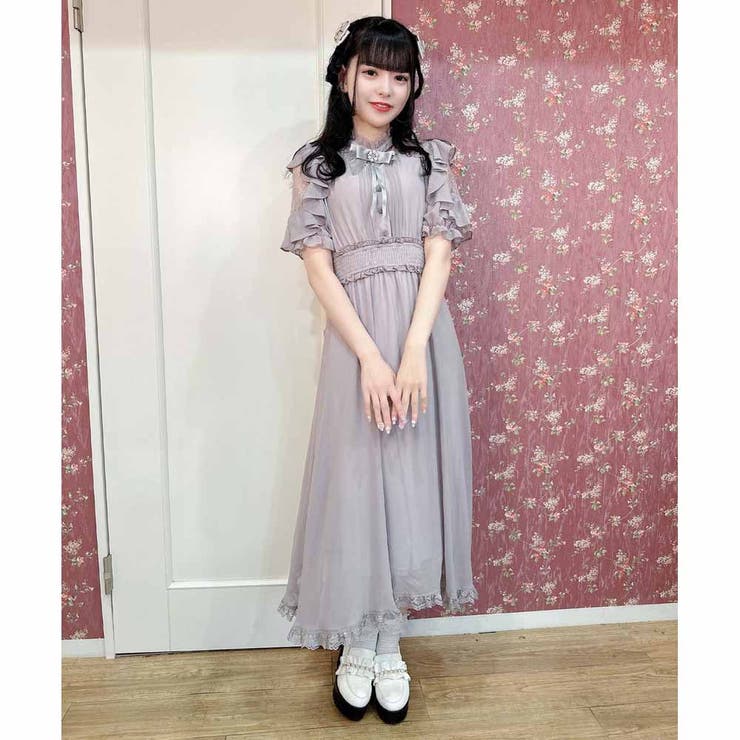 未使用✨リナシメント シアーロングワンピース リボン フラワー華やか着痩せワンピ ウエストシャーリングシアーロングワンピース[品番:RJTW0002444
