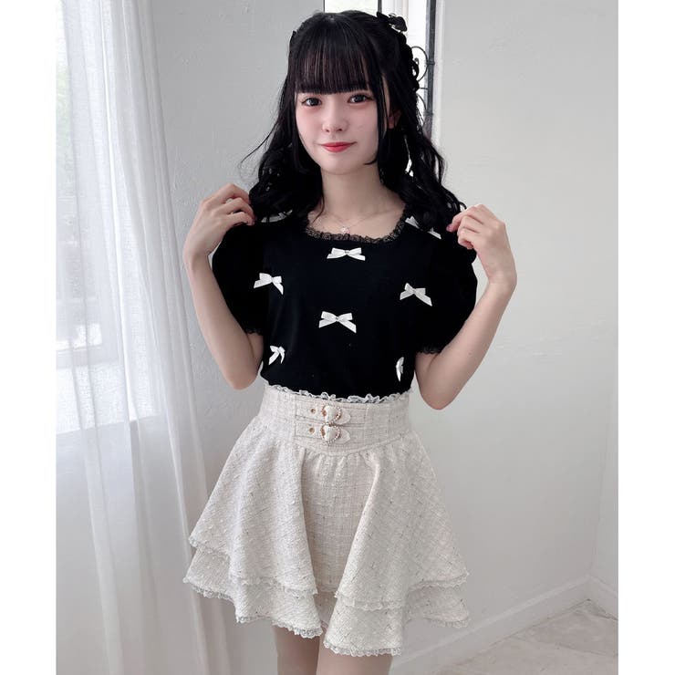 ショート丈　スクエアネック　リボントップス スクエアーネックリボントップス[品番：RJTW0002109]｜ROJITA