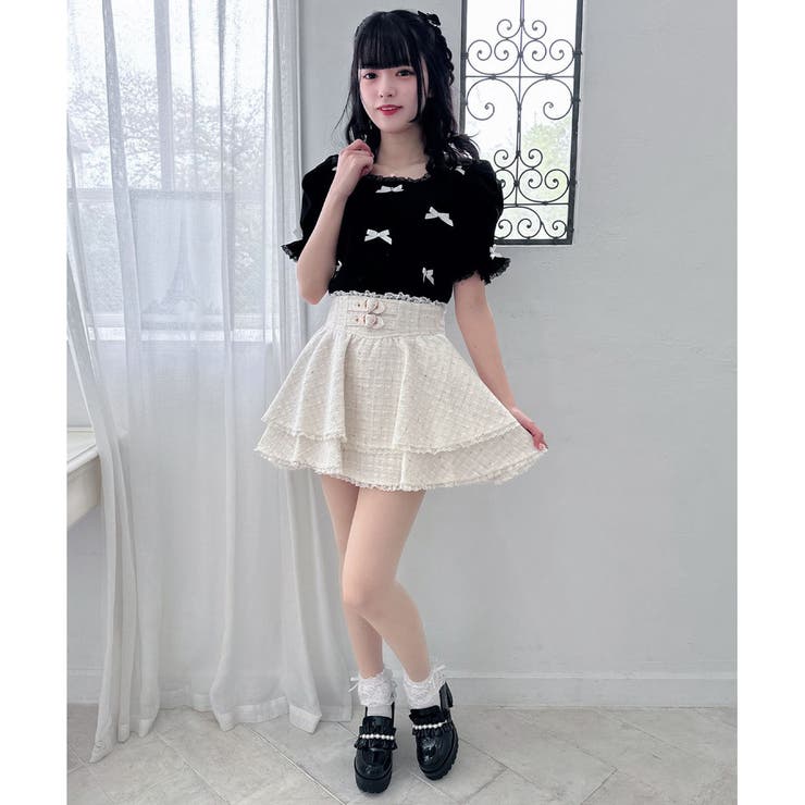 ショート丈　スクエアネック　リボントップス スクエアーネックリボントップス[品番：RJTW0002109]｜ROJITA