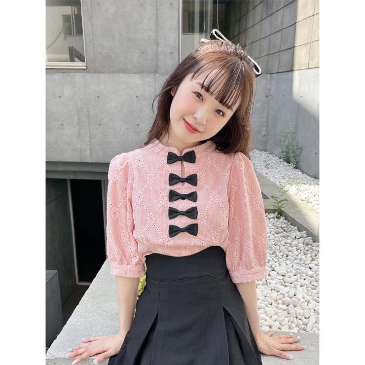 ♡専用みは様♡リブドロワ　レディース　トップス Rmine】ラインリボンパワショル5分袖トップス[品番：RJTW0000979