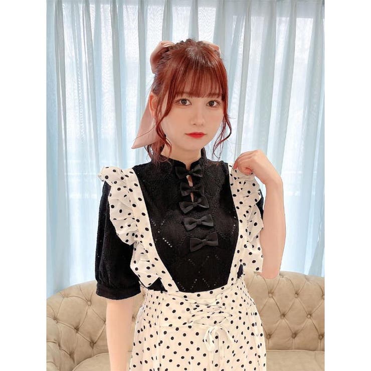 tシャツ ショルダーリボンパワショルトップス レディース Rmine】ラインリボンパワショル5分袖トップス[品番：RJTW0000979
