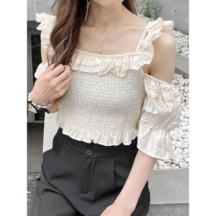 majoh♡オフショルダーシャーリングトップス ゴスロリ 2color 】シャーリングフロントスリットオフショルトップス