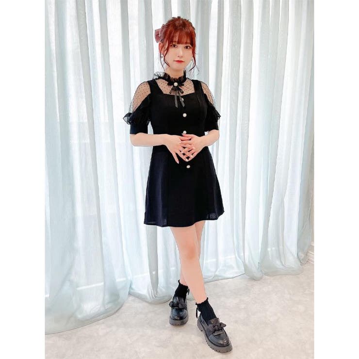 ROJITA 黒のフリル襟半袖ミニワンピース ロジータ ROJITA 衿レーススリットシアー半袖ワンピース