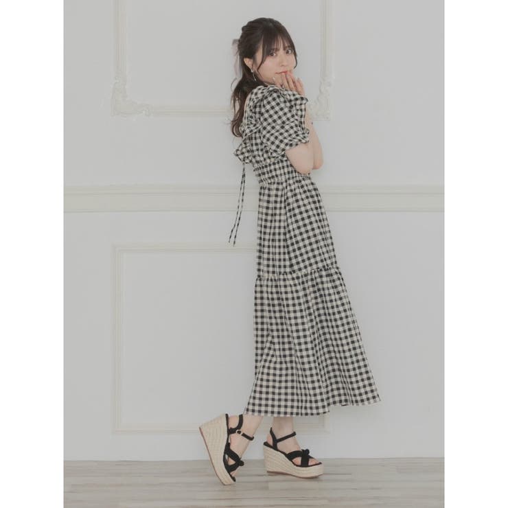 Rmine】バックリボンVフリルチェックロングワンピース[品番
