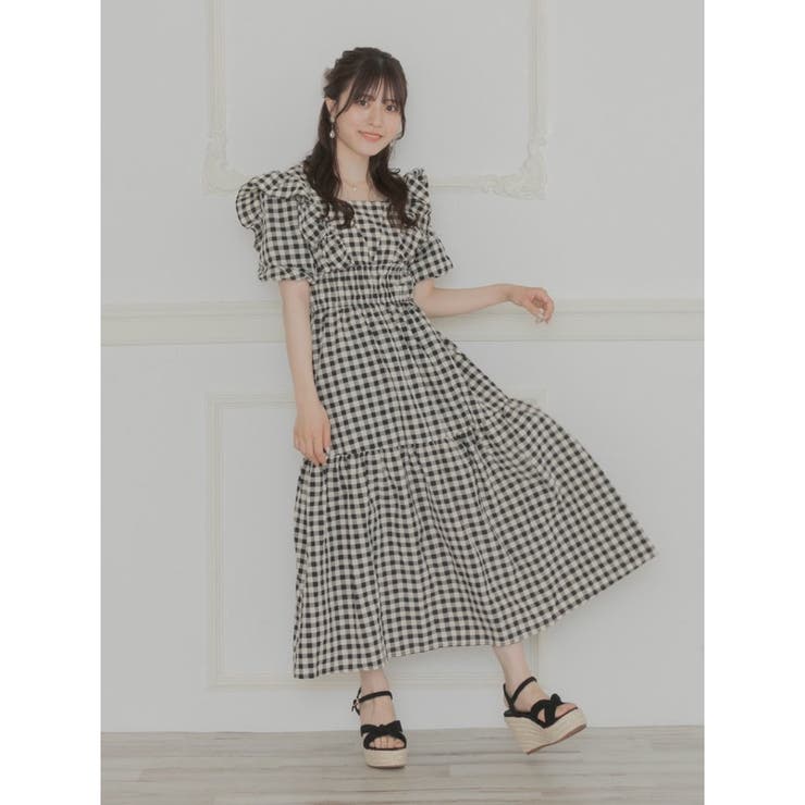 Rmine】バックリボンVフリルチェックロングワンピース[品番