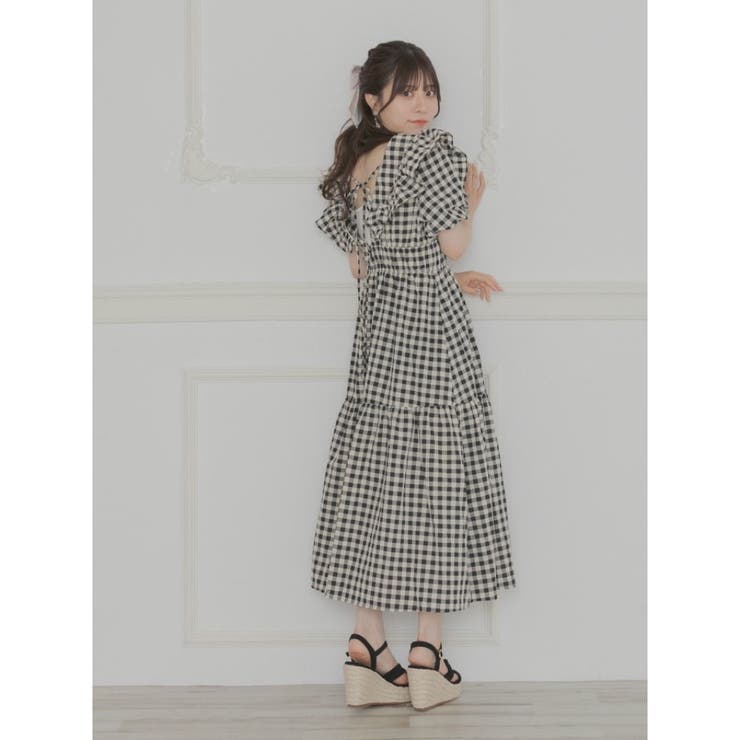 Rmine】バックリボンVフリルチェックロングワンピース[品番