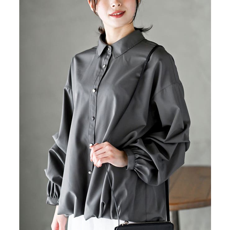 CHACグレー | 変形スリーブ裾タック多釦ブラウス | rps