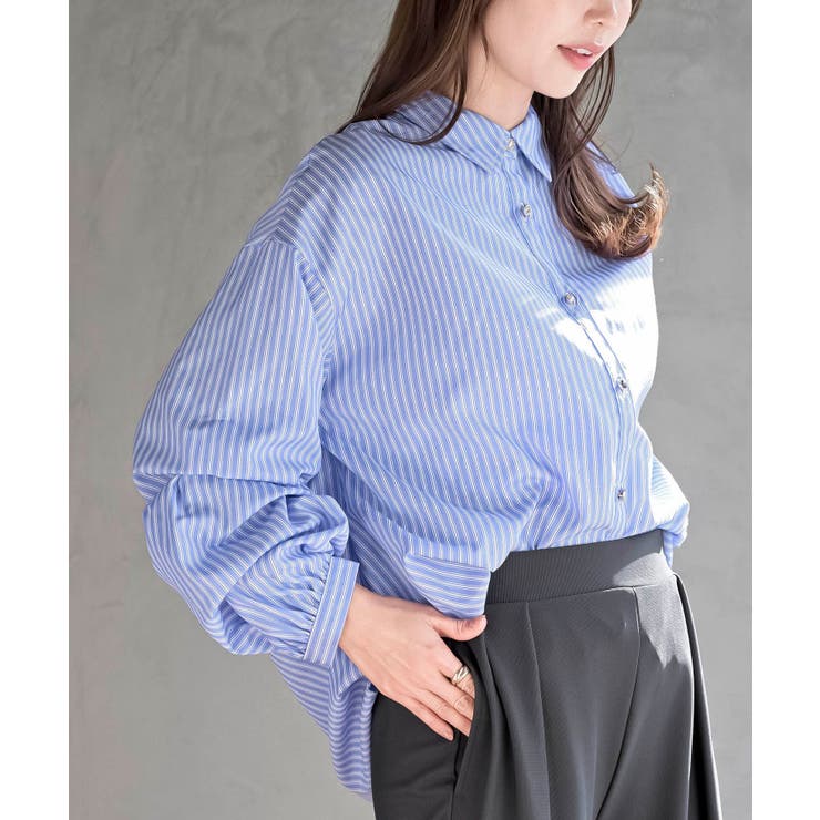 サックス | 変形スリーブ裾タック多釦ブラウス | rps