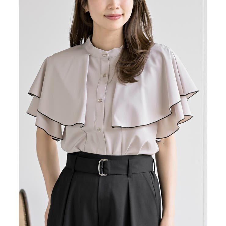 グレージュ | バンドカラー配色ケープブラウス | rps