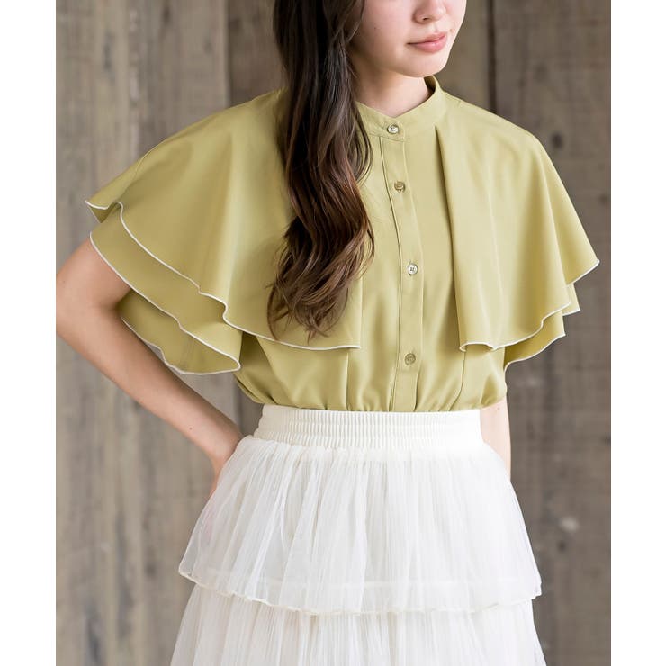 Yグリーン | バンドカラー配色ケープブラウス | rps