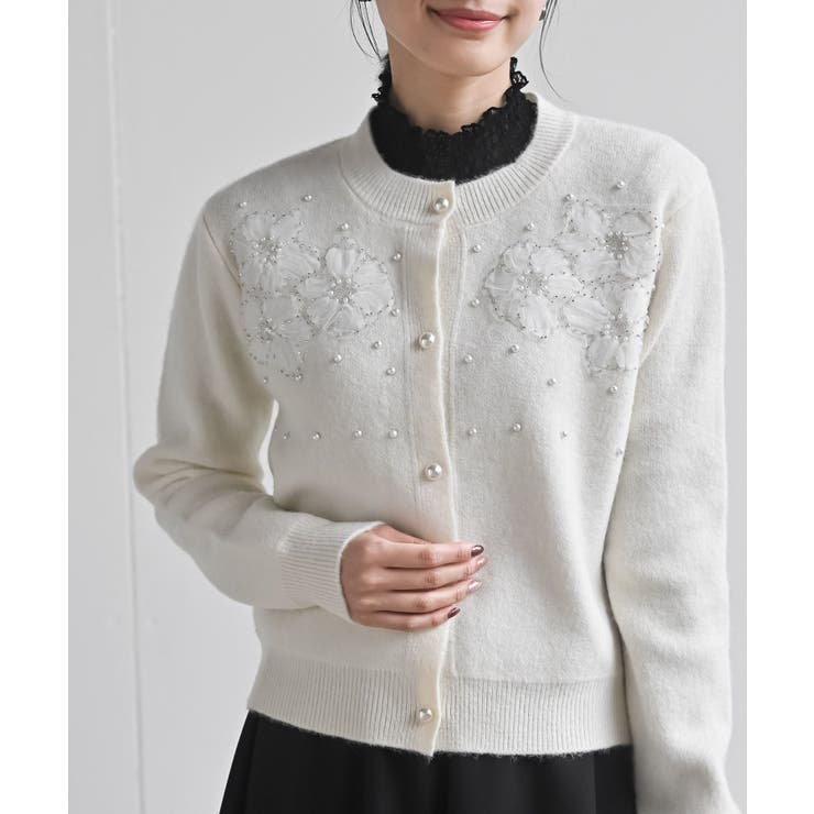 アイボリー | パールフラワーモチーフニットカーディガン | rps