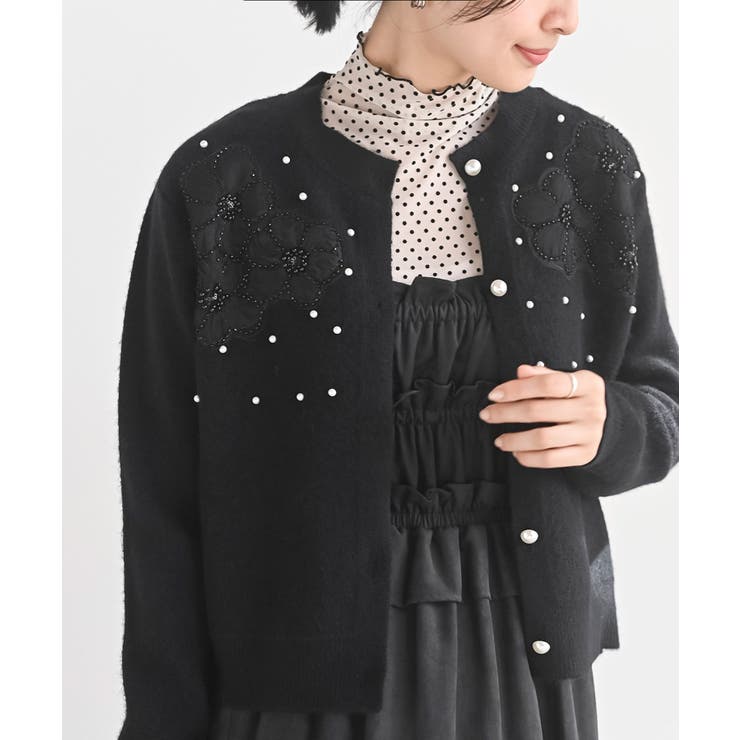 ブラック | パールフラワーモチーフニットカーディガン | rps