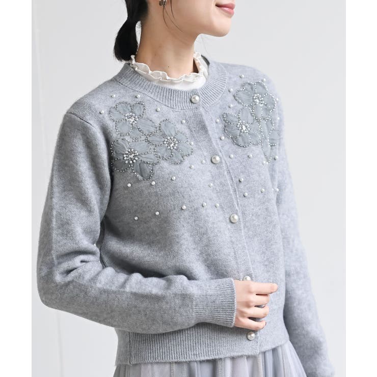 杢グレー | パールフラワーモチーフニットカーディガン | rps