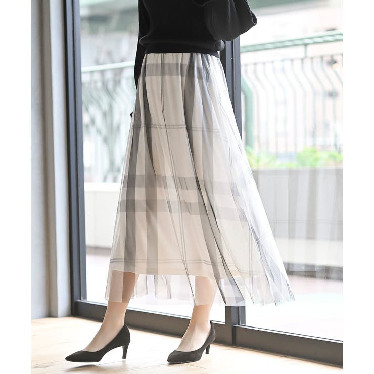 アイボリー | チュールチェックプリントギャザースカート | rps