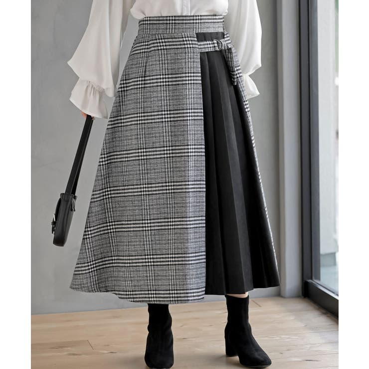 グレンチェック×ピーチ起毛サイドプリーツスカート[品番：RPSW0004081