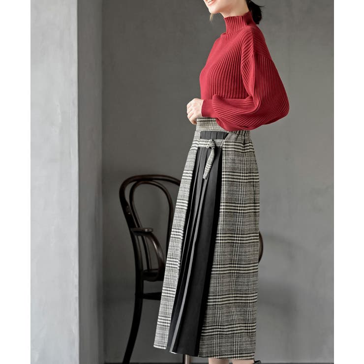 美品　グレンチェックハイウエストタックスカート グレー　ポケット　秋冬 allureville（アルアバイル）の「グレンチェックハイウエストタックス