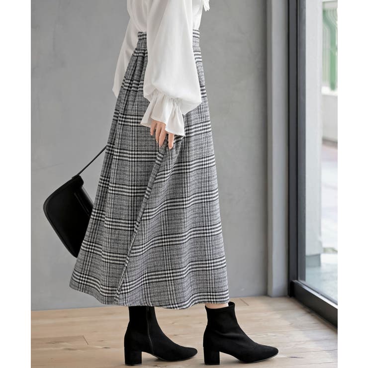 グレンチェック×ピーチ起毛サイドプリーツスカート[品番：RPSW0004081