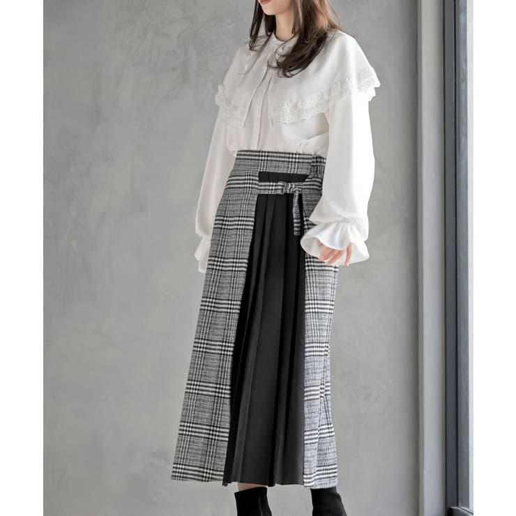 グレンチェック×ピーチ起毛サイドプリーツスカート[品番：RPSW0004081