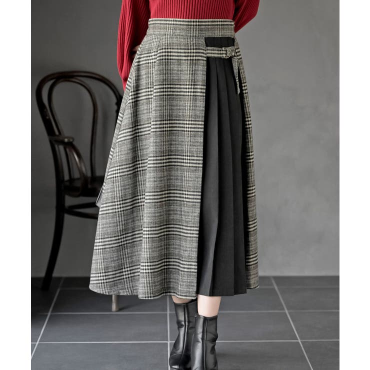 グレンチェック×ピーチ起毛サイドプリーツスカート[品番：RPSW0004081