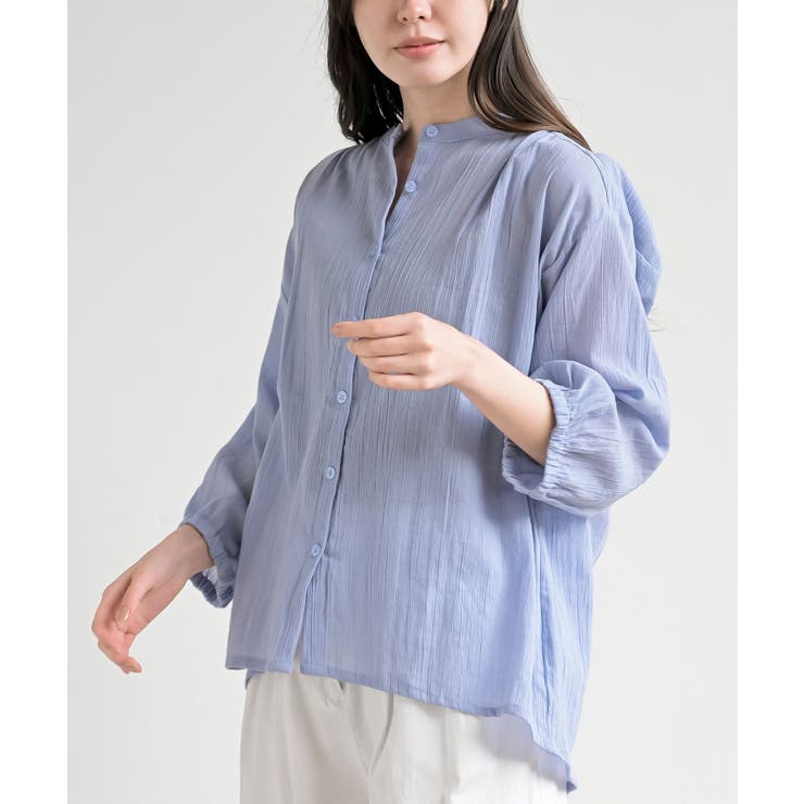 ブルー | シアー楊柳バンドカラー７分袖ブラウス | rps
