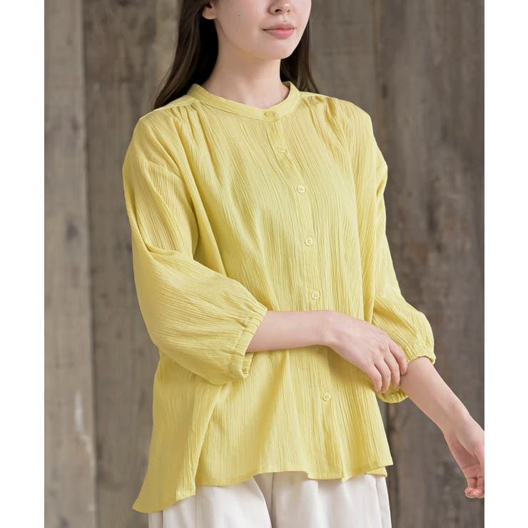 イエロー | シアー楊柳バンドカラー７分袖ブラウス | rps