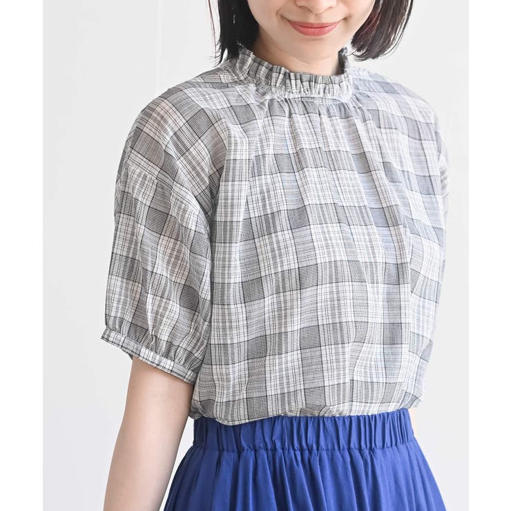 コットンボイルチェックフリル衿ブラウス | rps | 詳細画像1 