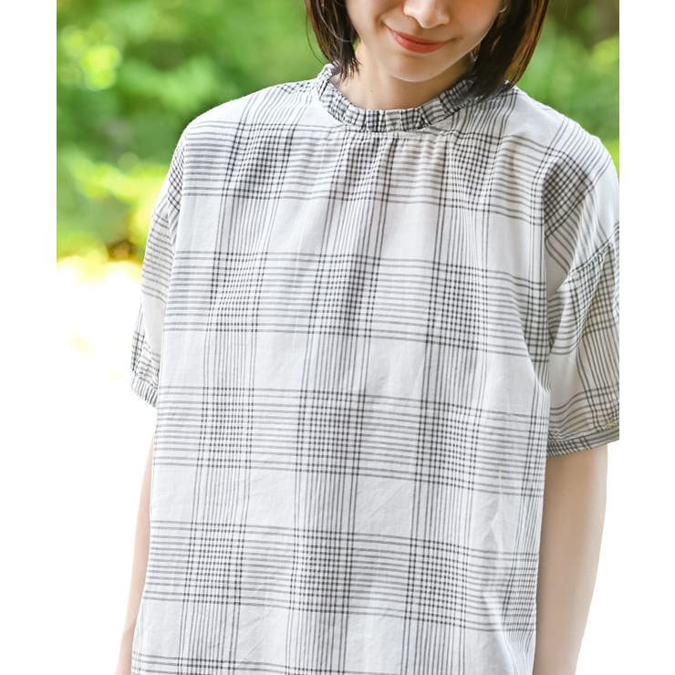 コットンボイルチェックフリル衿ブラウス | rps | 詳細画像14 