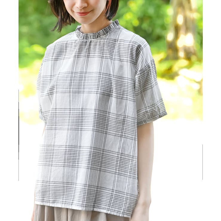 オフホワイト2 | コットンボイルチェックフリル衿ブラウス | rps
