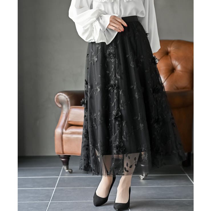 ブラック | フラワー刺繍チュールスカート | rps