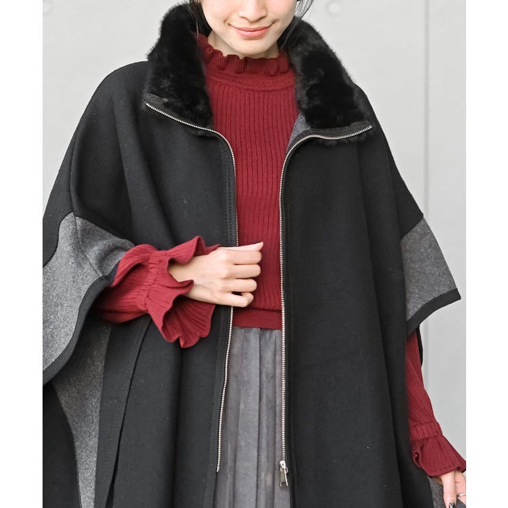 フェイクファーネック配色ポンチョコート[品番：RPSW0004248]｜rps