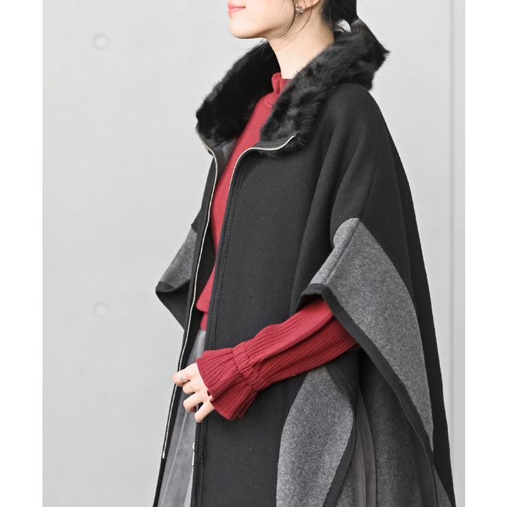 フェイクファーネック配色ポンチョコート | rps | 詳細画像15 