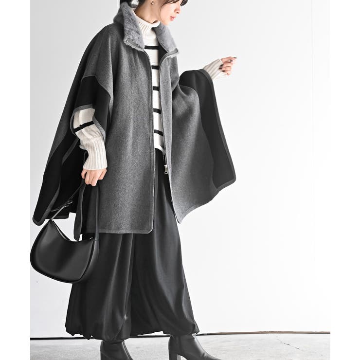 フェイクファーネック配色ポンチョコート | rps | 詳細画像5 