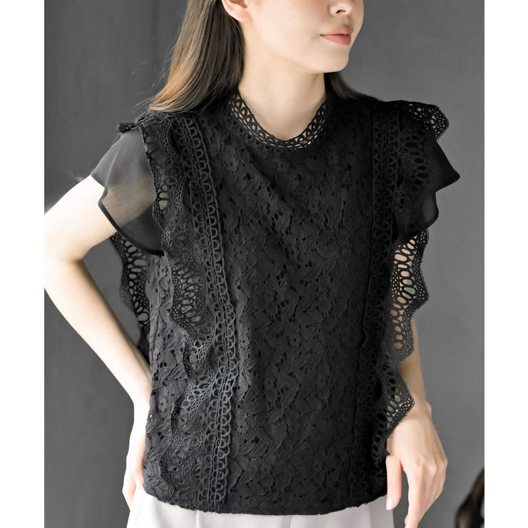 ブラック | プチハイネックフレンチスリーブレースブラウス | rps